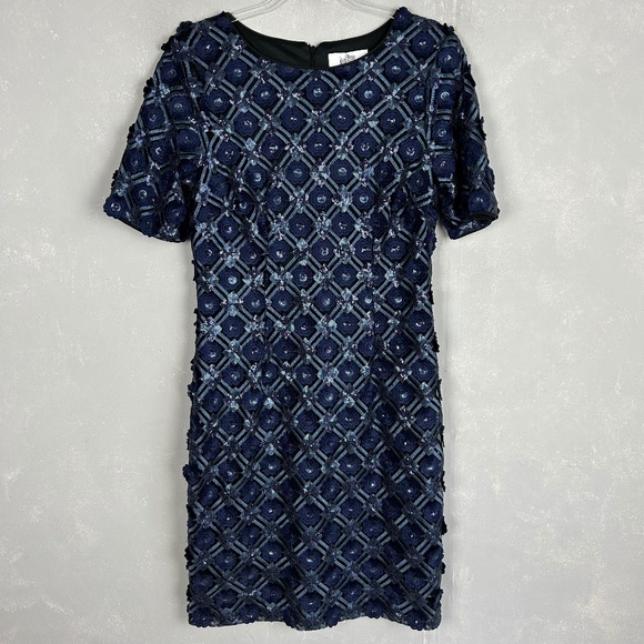 Badgley Mischka size 12 sheath dress navy textured floral sequin short sleeve - Picture 1 of 11